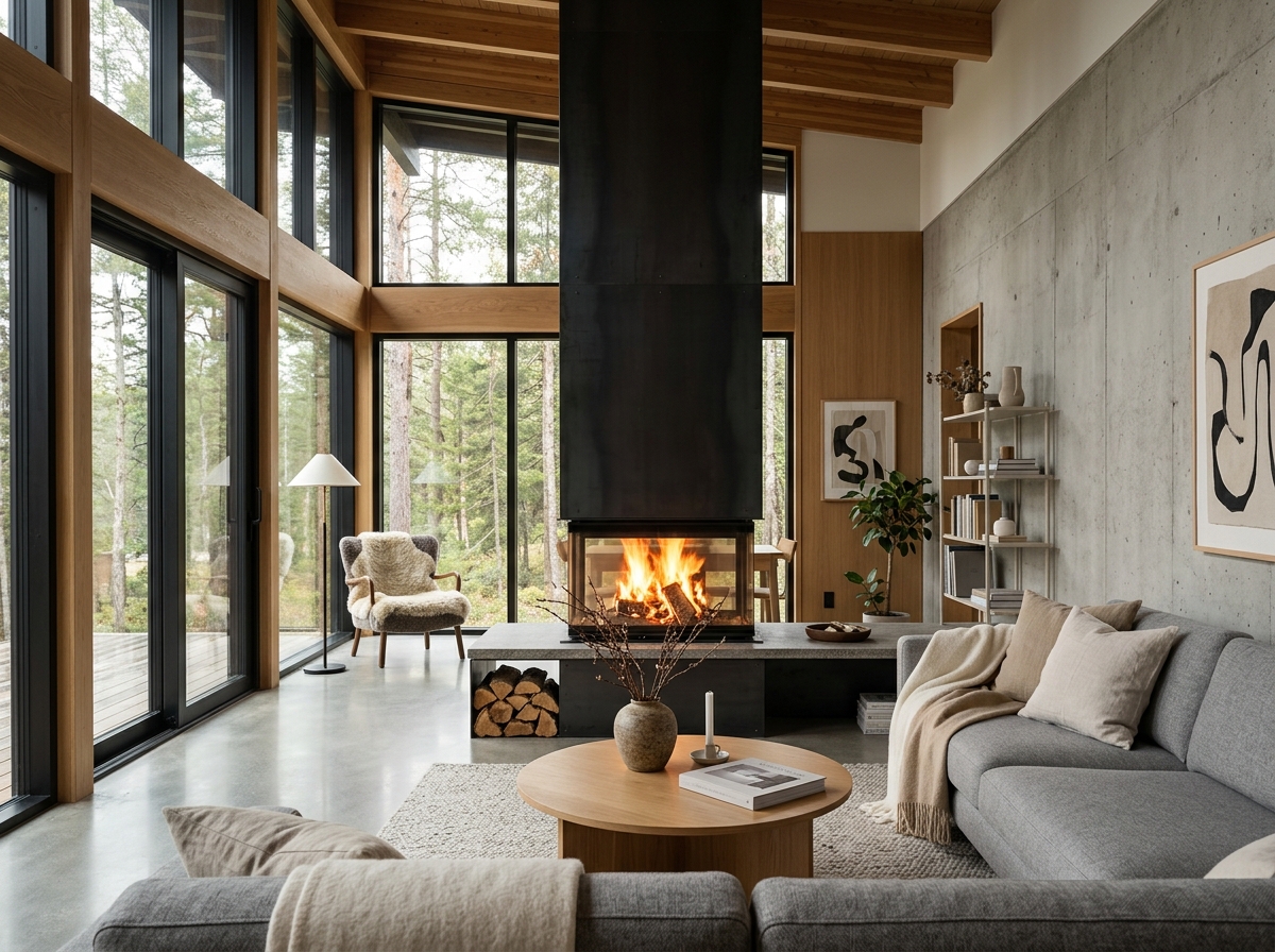 Cheminée contemporaine et foyer soigné dans un intérieur azuréen