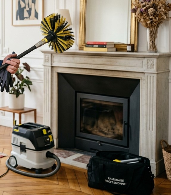 Hérisson, aspirateur à filtration et outillage devant un foyer fermé